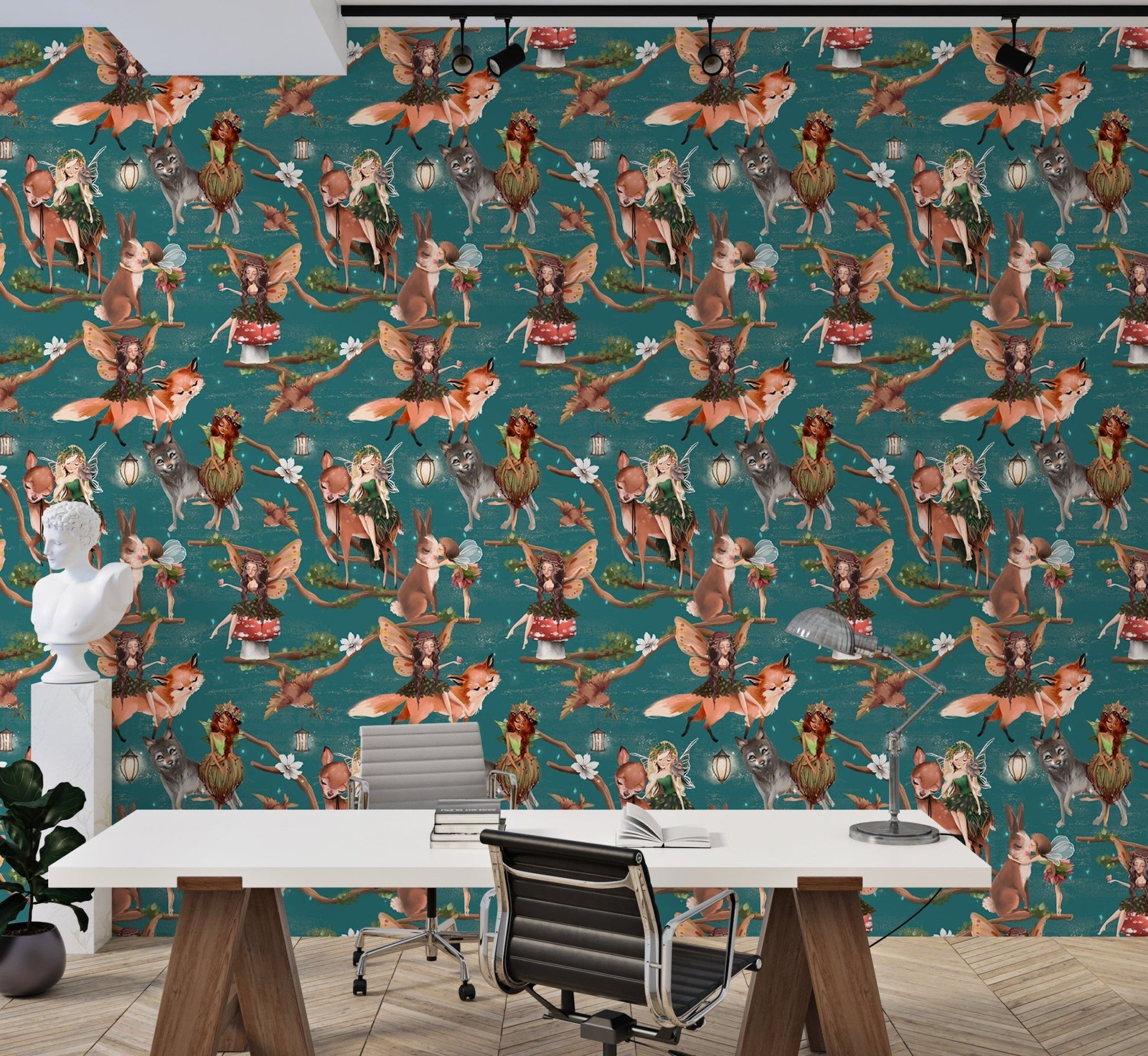 Teal forest animal wallpaper behind a modern office desk and white chair.