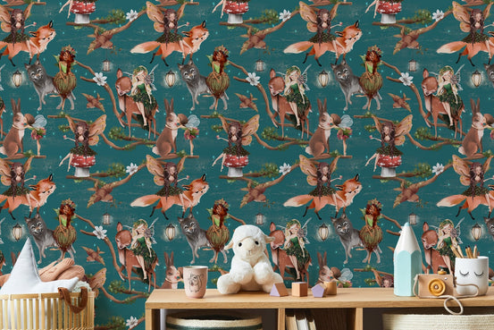Hand drawn fairy wallpaper in a play area with toys and wooden shelving.