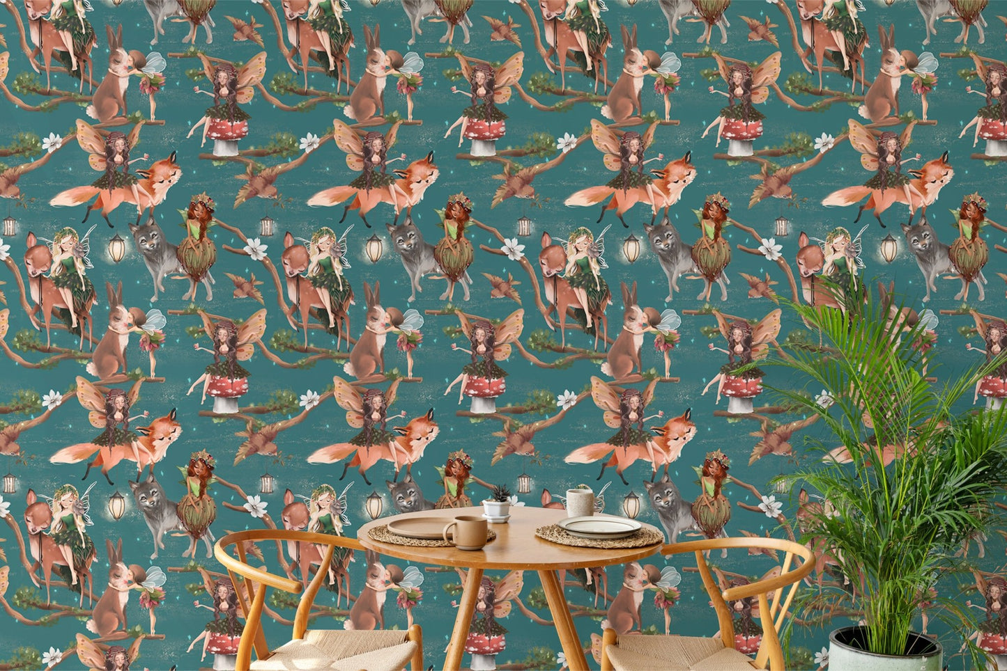 Teal fairy pattern wallpaper in a dining space with wooden chairs and plants.