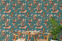 Teal fairy pattern wallpaper in a dining space with wooden chairs and plants.