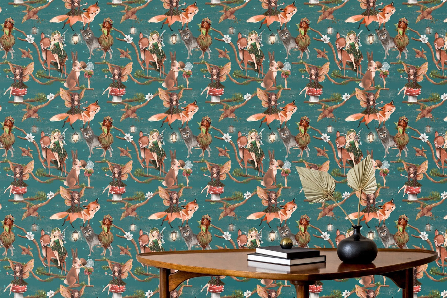 Cute Hand Drawn Fairies Forest Animals Wallpaper in a lounge with a dark wood table.