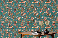 Cute Hand Drawn Fairies Forest Animals Wallpaper in a lounge with a dark wood table.