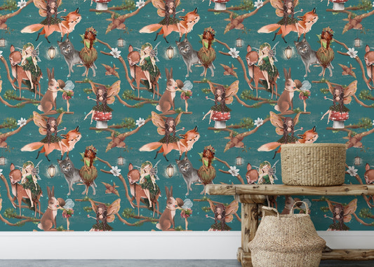 Cute Hand Drawn Fairies Forest Animals Wallpaper with teal background and wooden bench.