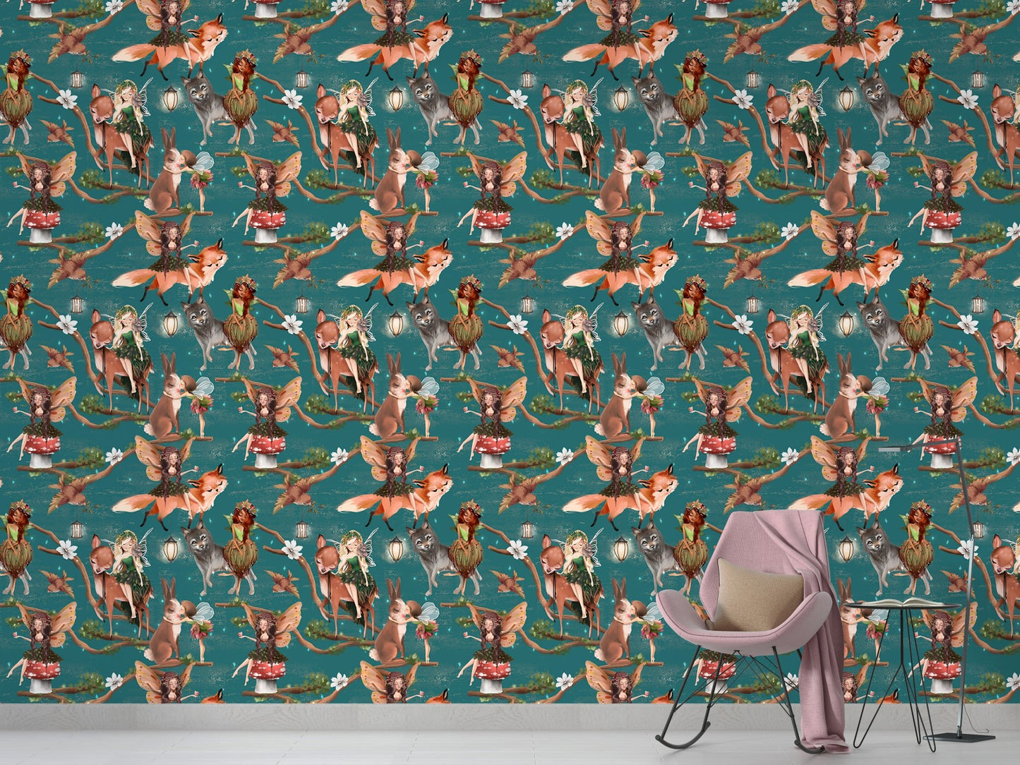 Forest animal wallpaper behind a pink rocking chair in a minimalist room.