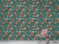 Forest animal wallpaper behind a pink rocking chair in a minimalist room.