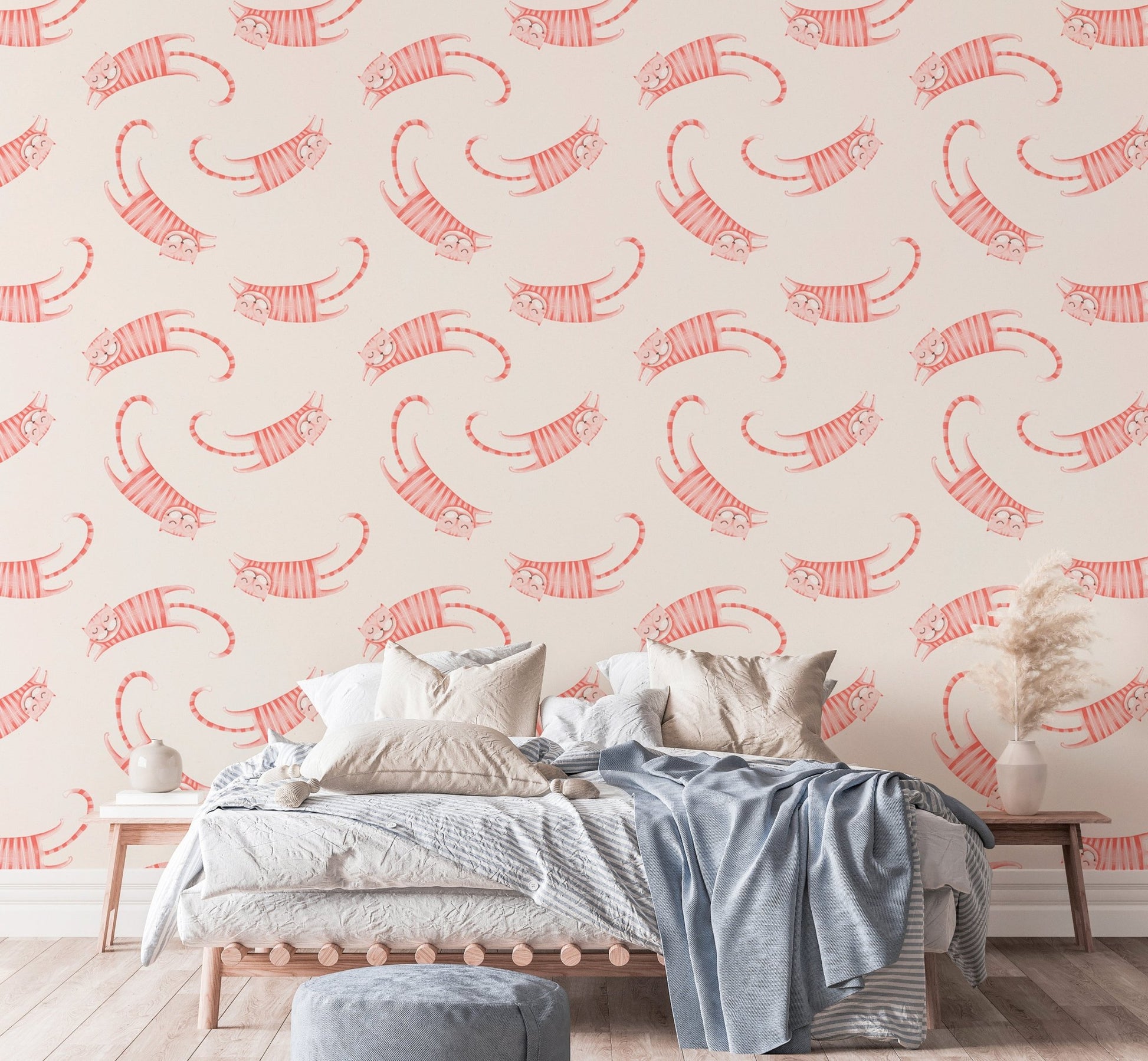 Striped cats wallpaper in a playful pink design for bedroom.