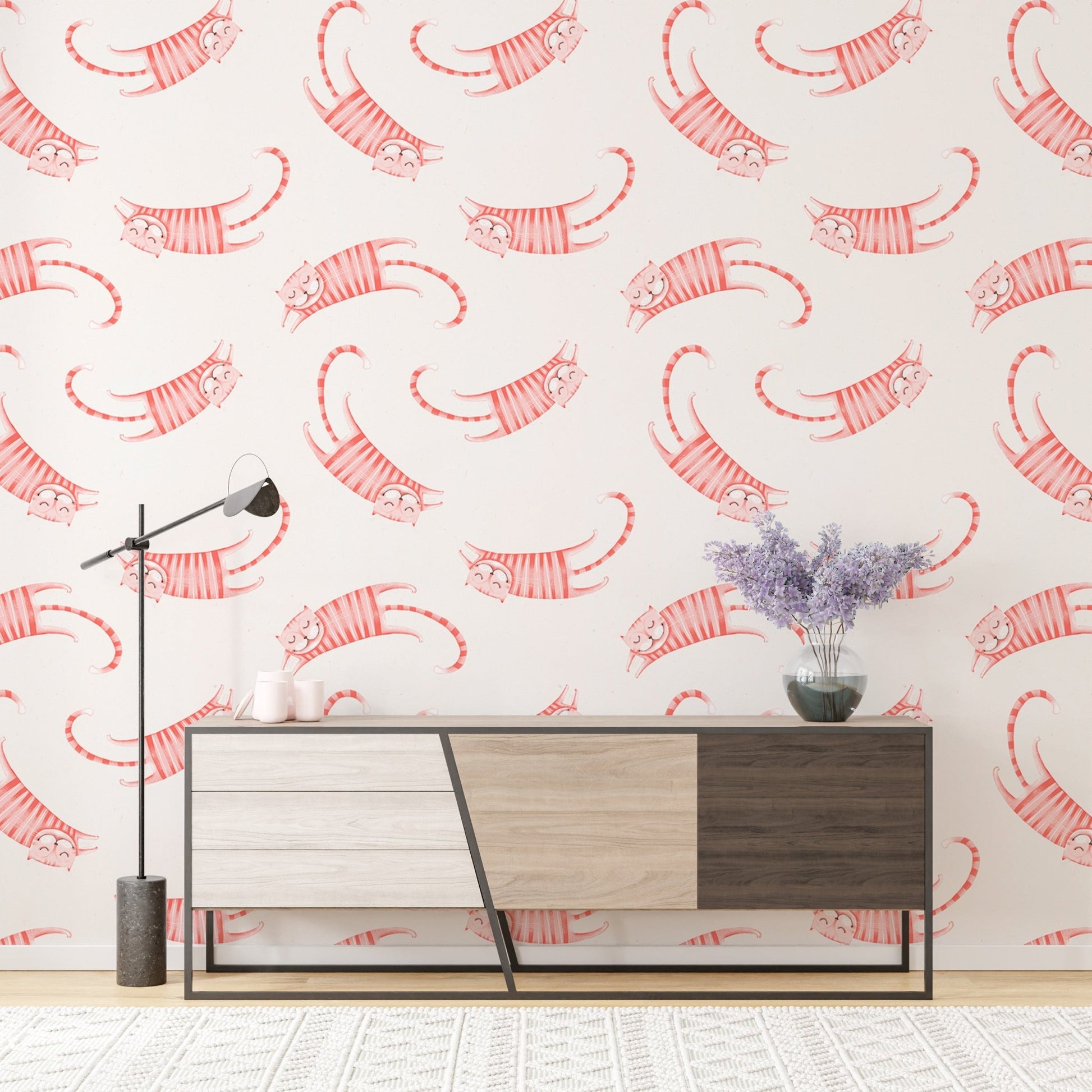 Whimsical pink cat-themed wallpaper for cozy living spaces