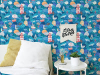 Minimalist bedroom with Cute Watercolor Ships and Lighthouse Waves Blue Wallpaper.