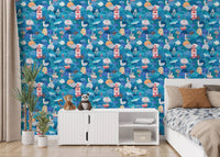 Bedroom featuring a nautical lighthouse and wave pattern wallpaper.