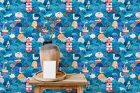 Small wooden stool against a blue lighthouse and sailboat wallpaper
