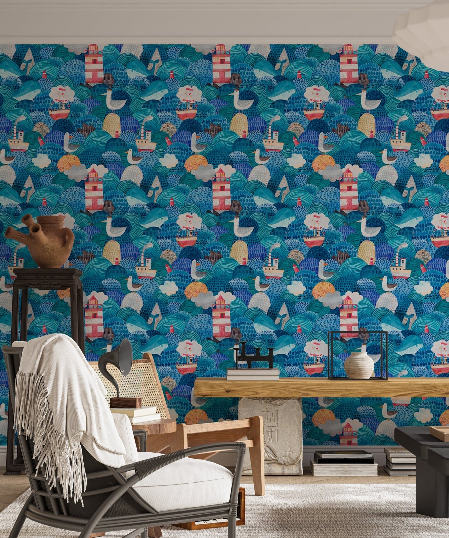 Home space featuring blue watercolor waves pattern wallpaper.
