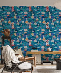 Home space featuring blue watercolor waves pattern wallpaper.