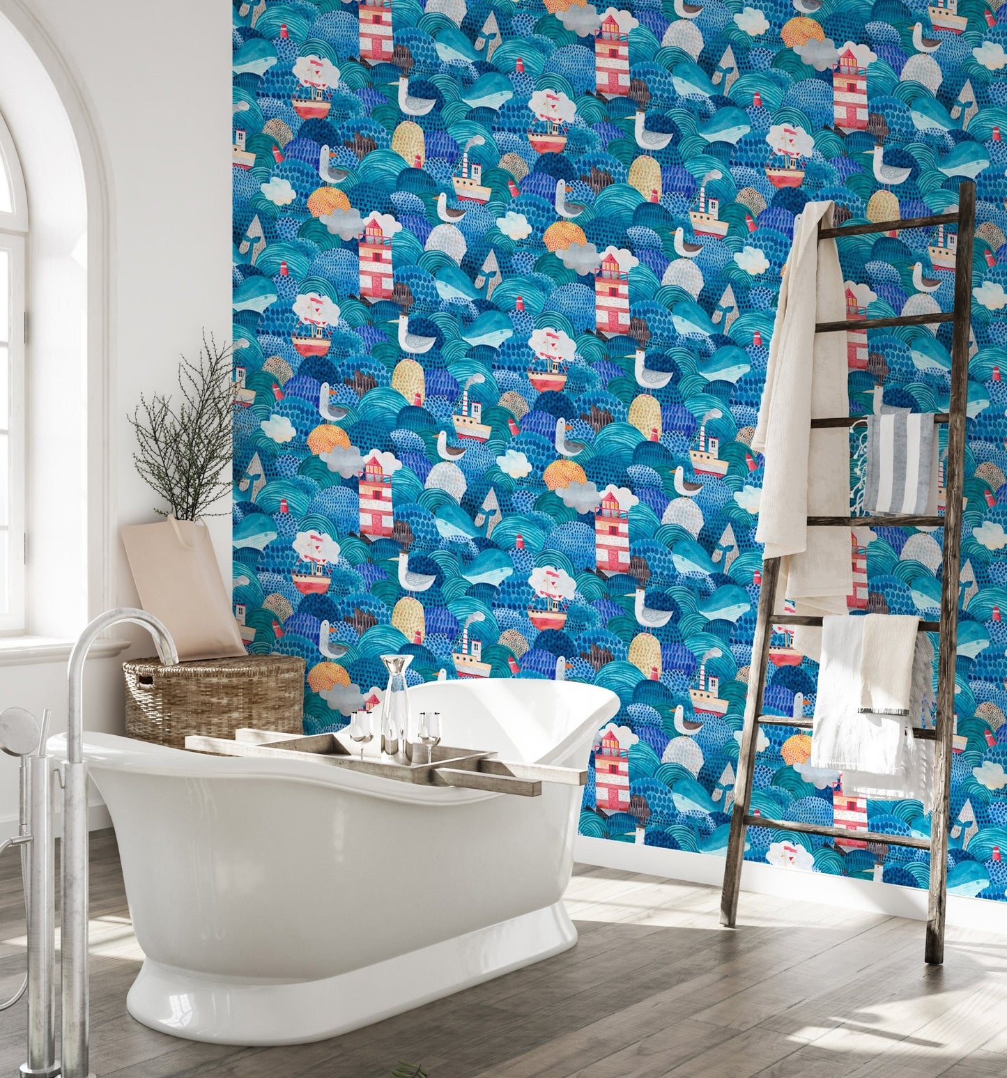Bathroom wall with Cute Watercolor Ships and Lighthouse Waves Blue Wallpaper.