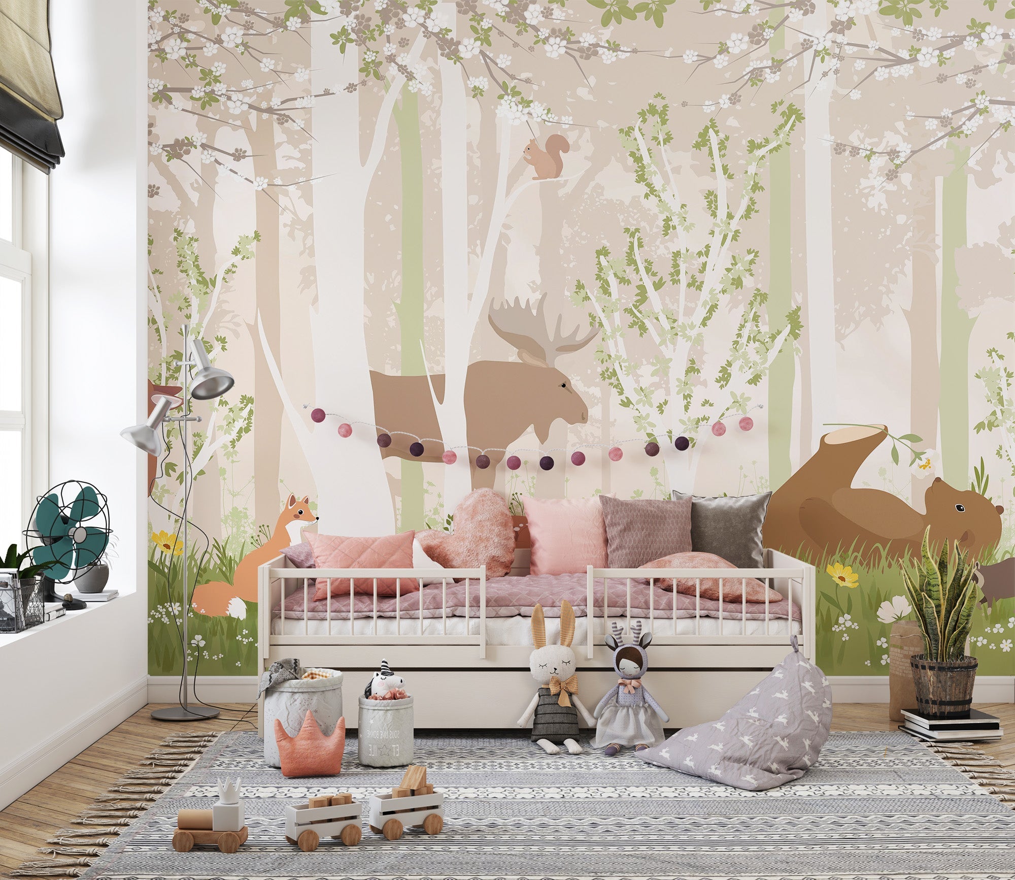 Gentle deer and wildlife creatures on a soft color wallpaper.