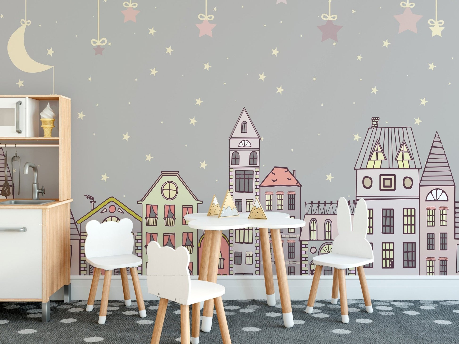 Whimsical mural with adorable patterns for fun and cozy dining room decor.
