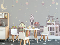 Whimsical mural with adorable patterns for fun and cozy dining room decor.
