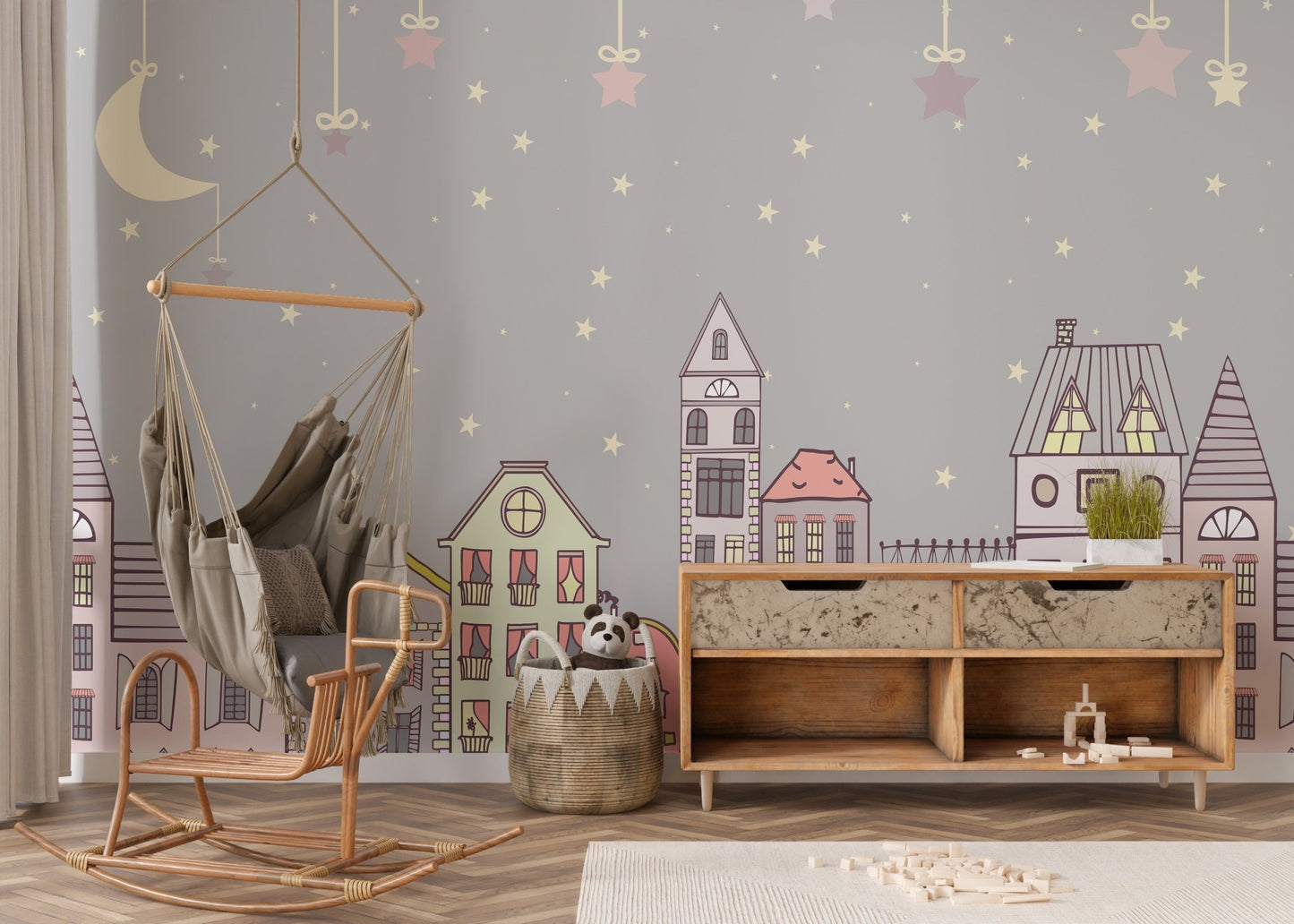 Bright and playful mural with cute designs for cheerful nursery interiors.