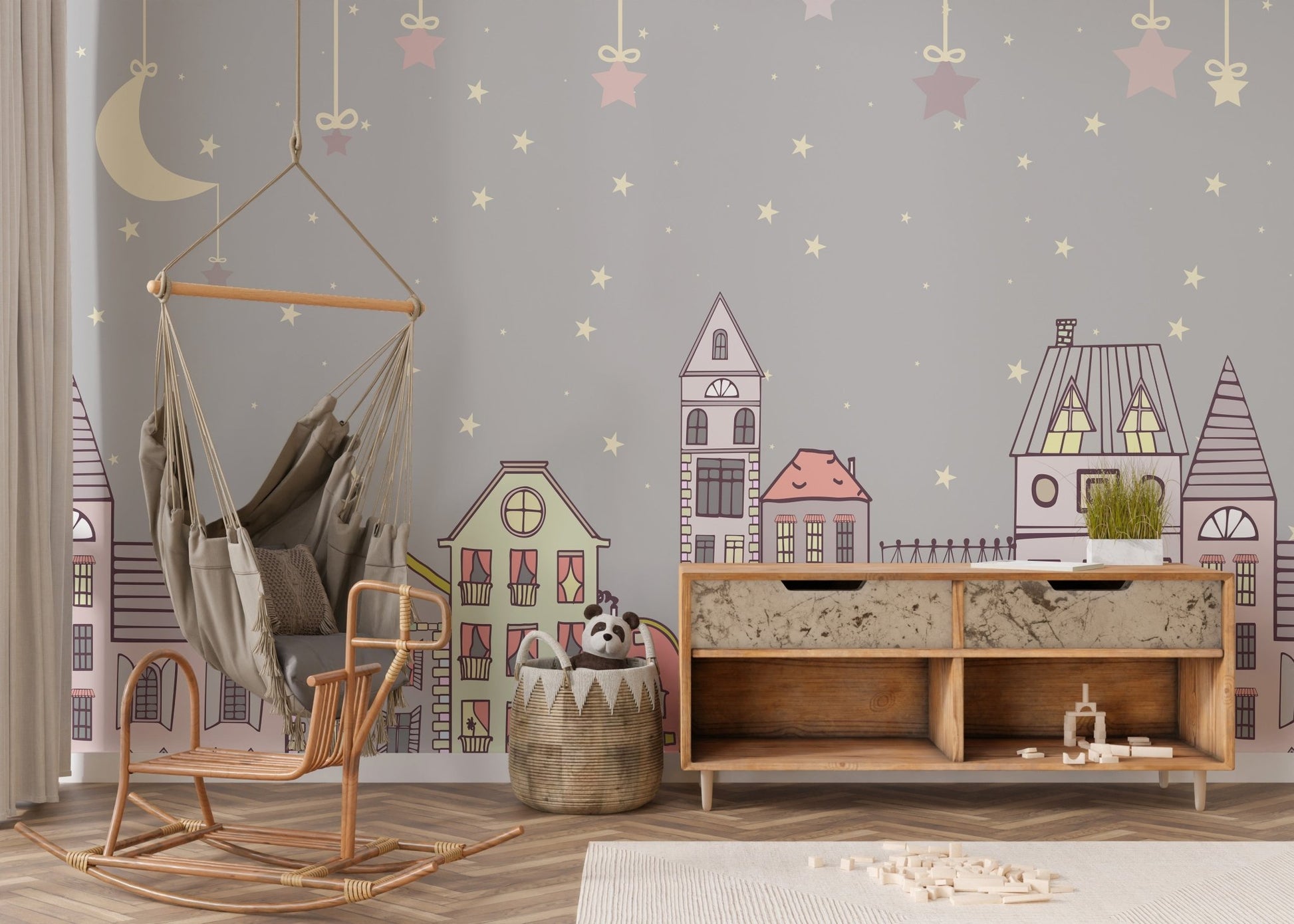Bright and playful mural with cute designs for cheerful nursery interiors.