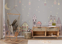 Bright and playful mural with cute designs for cheerful nursery interiors.
