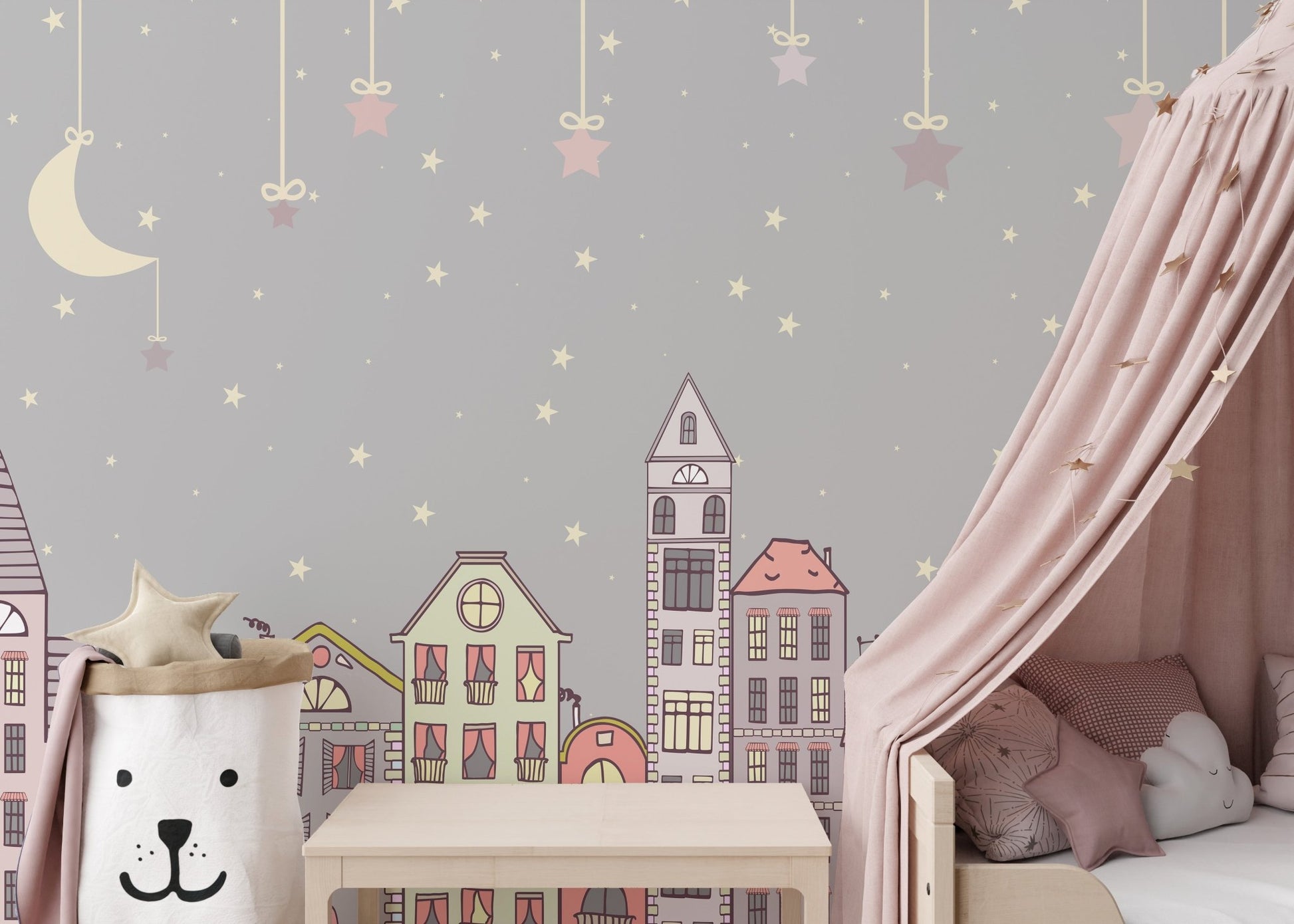 Cuteness quarters mural featuring delightful and fun elements in toddler bedroom.
