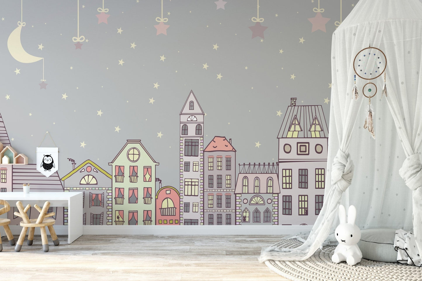 Cuteness quarters wall mural for bright and lively nursery interiors.
