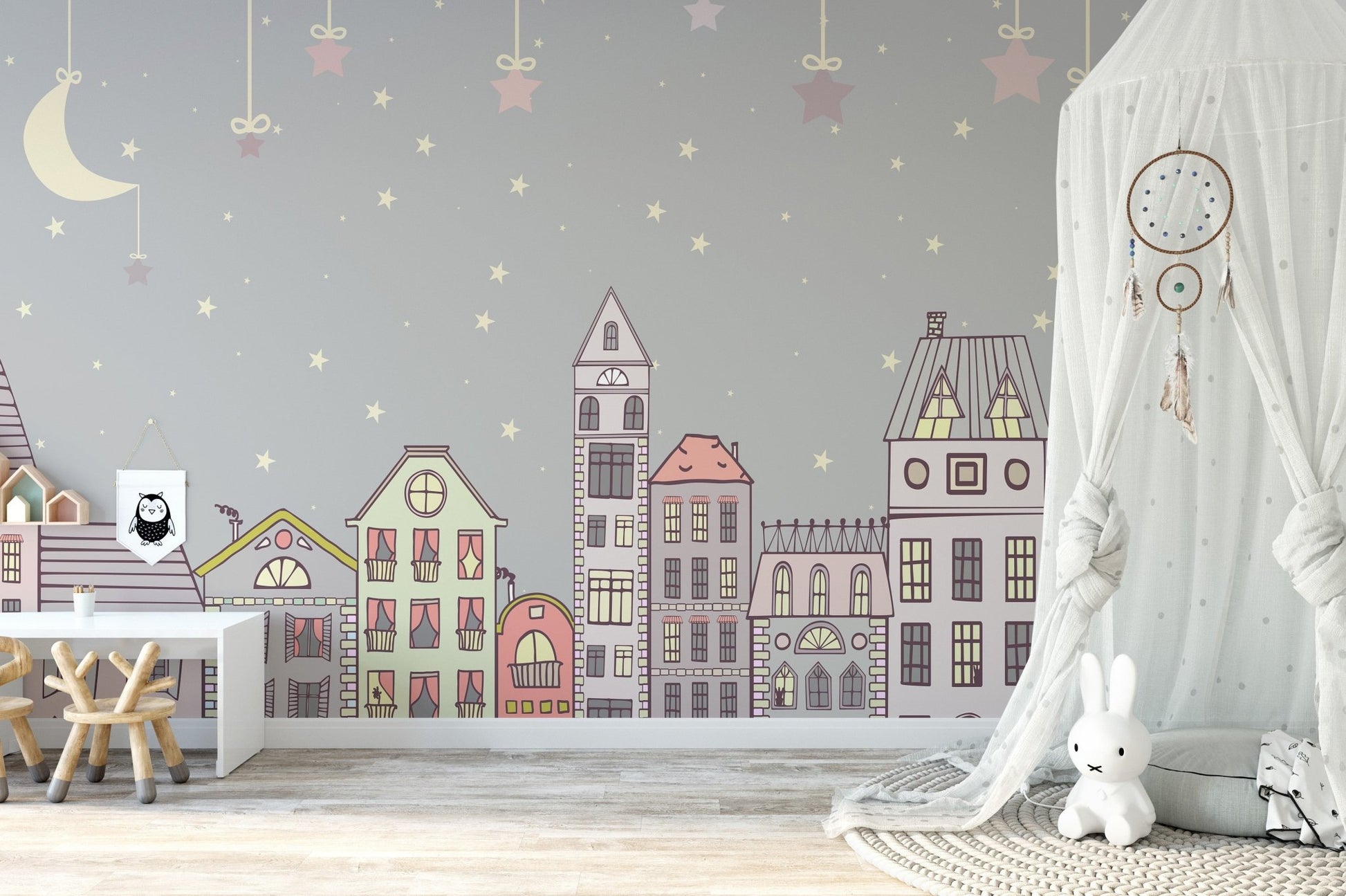 Cuteness quarters wall mural for bright and lively nursery interiors.
