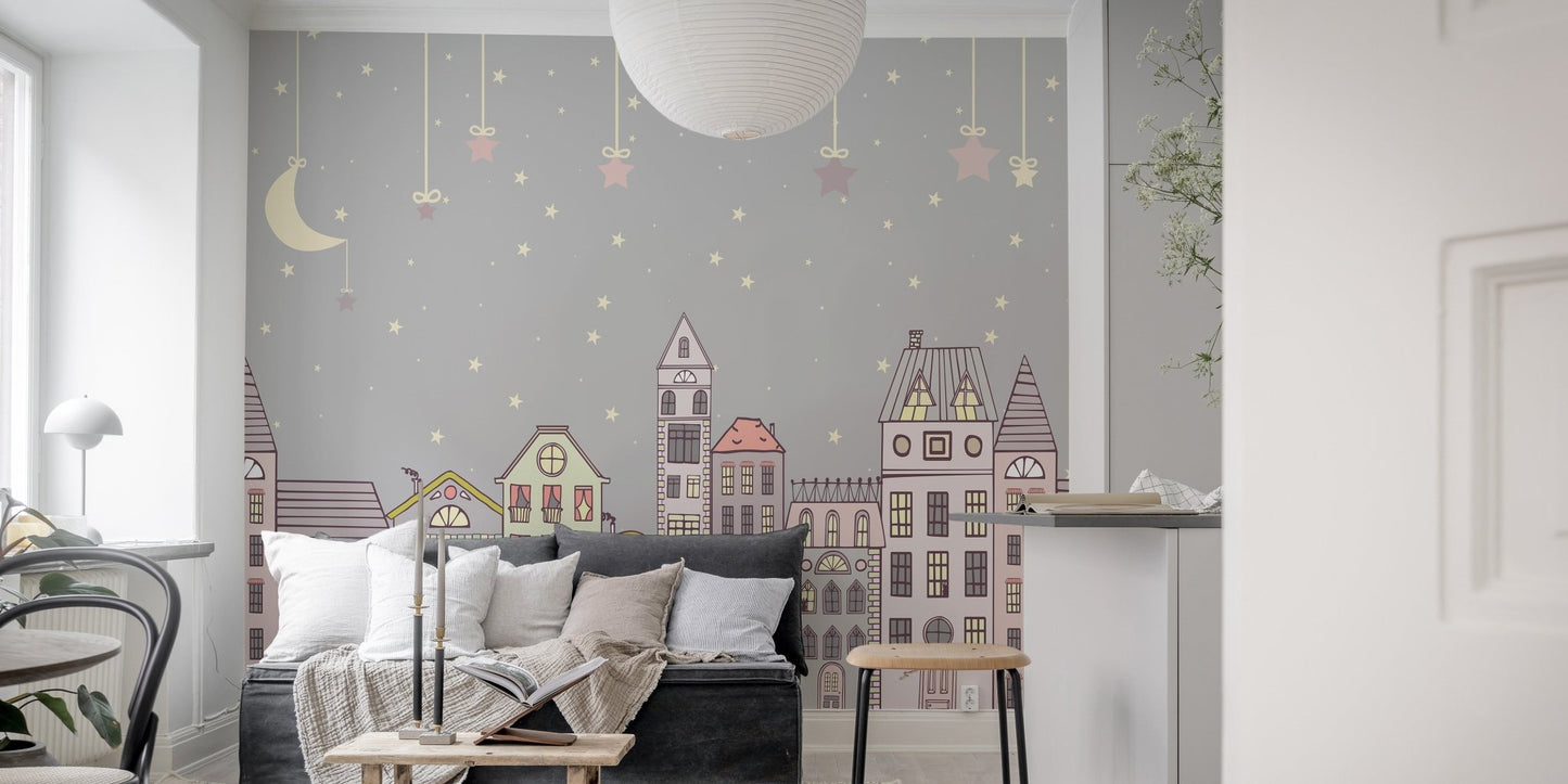 Playful cuteness quarters mural adding charm to living area.
