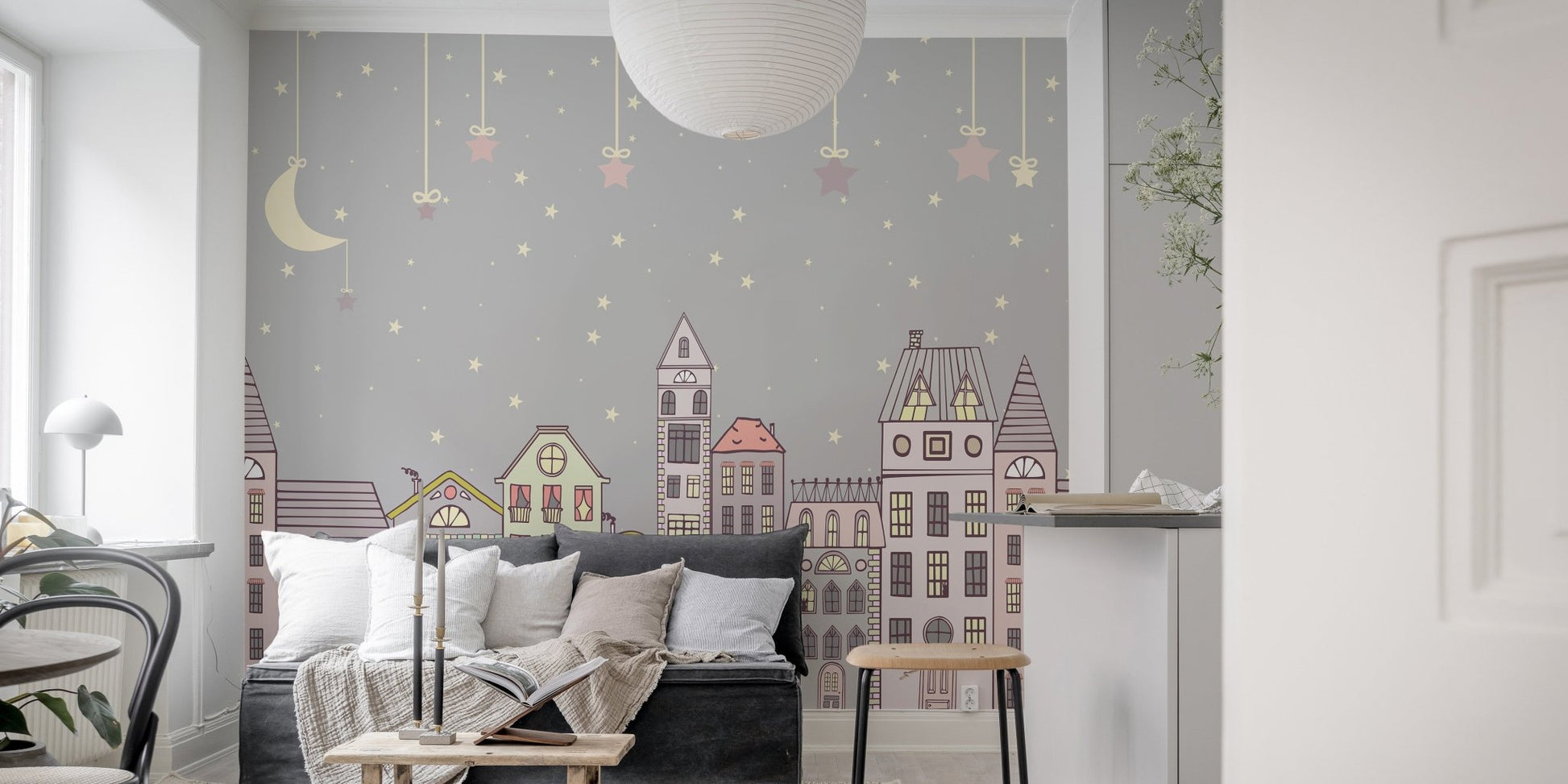 Playful cuteness quarters mural adding charm to living area.
