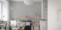 Playful cuteness quarters mural adding charm to living area.
