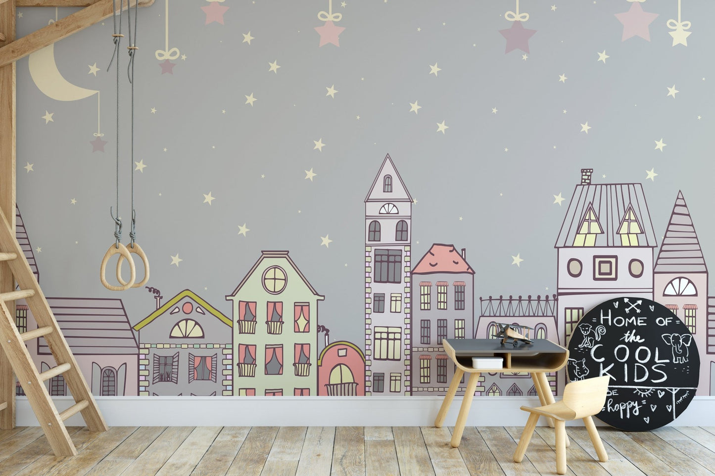 Artistic mural showcasing whimsical and cute designs for study room walls.
