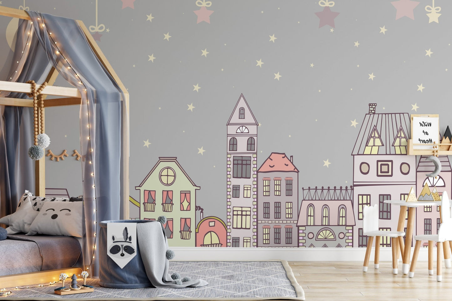Cuteness-themed mural for cheerful and vibrant kids bedroon wall decor.
