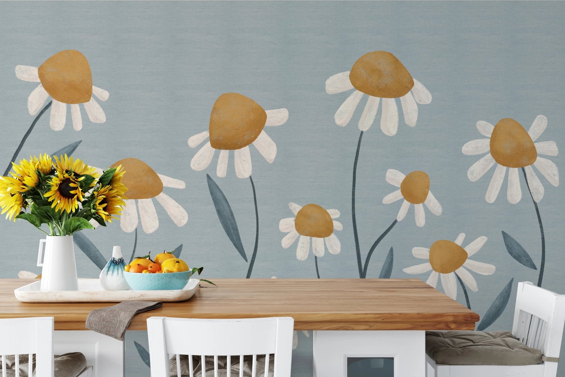 Minimalist white daisy wallpaper on blue base