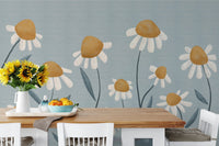 Minimalist white daisy wallpaper on blue base