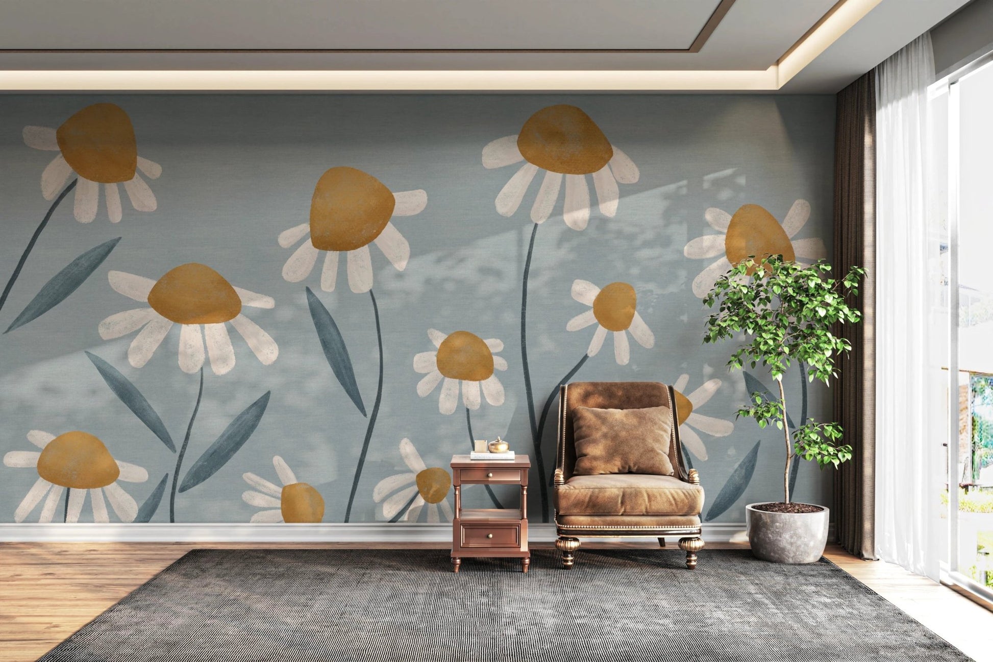 Floral wall art featuring large white daisies