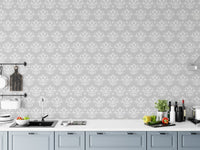 Damask Repeat Pattern Vintage Look Wallpaper used as a kitchen backsplash area.