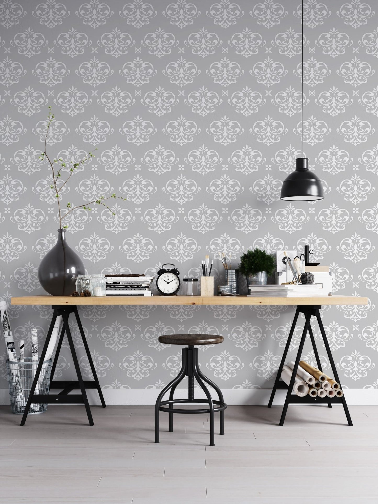 Vintage damask wallpaper in a home office with a black industrial desk.