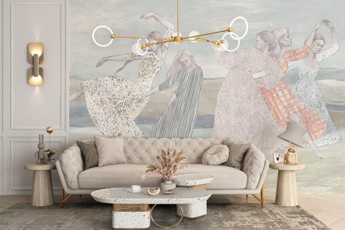 Dancing girls wall mural wallpaper in soft pastel color palette.