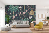 Large scale flower wall mural with bird motifs for an open plan living space.