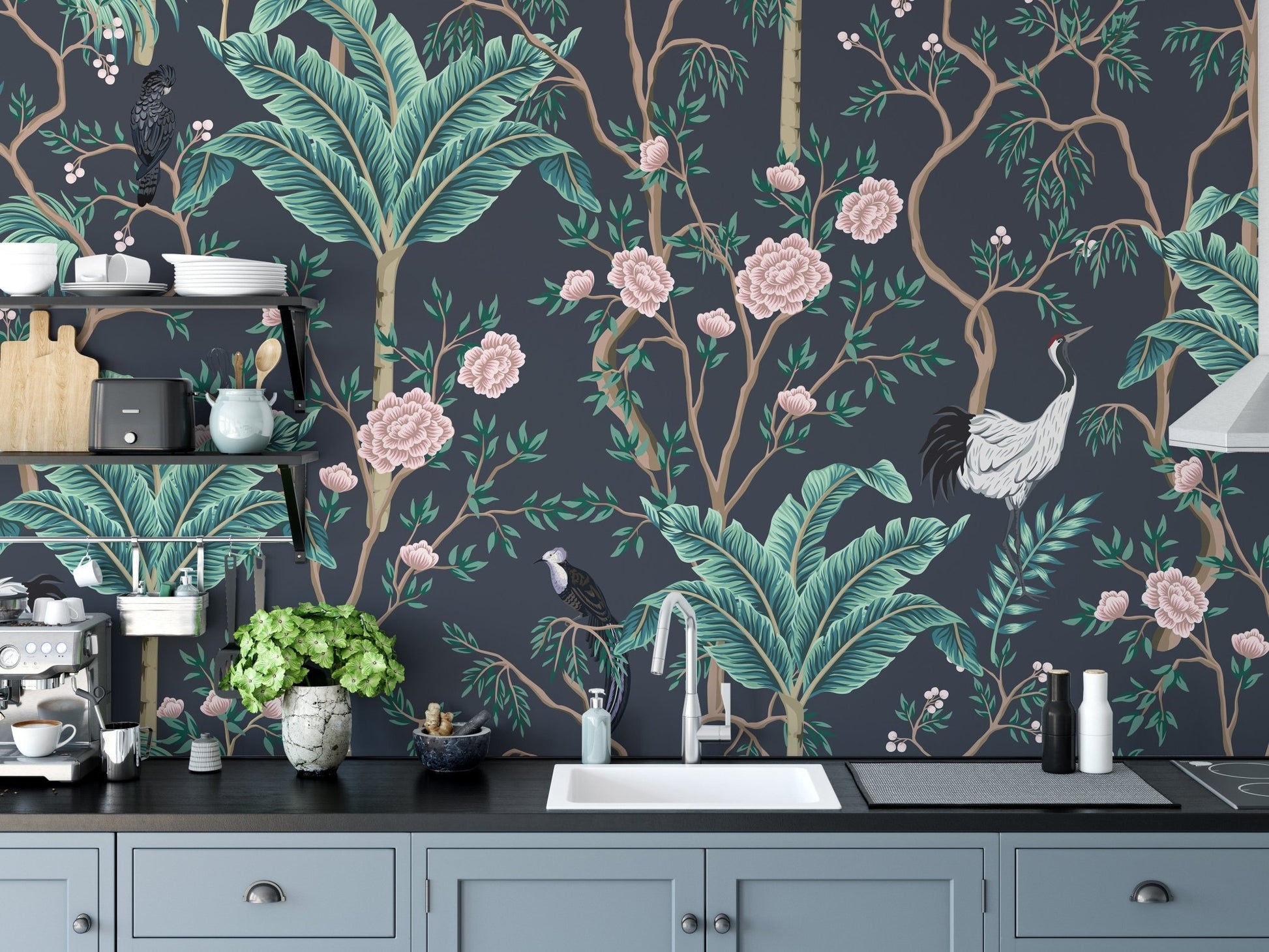 Dark floral wall mural installed as a backsplash in a modern grey kitchen.
