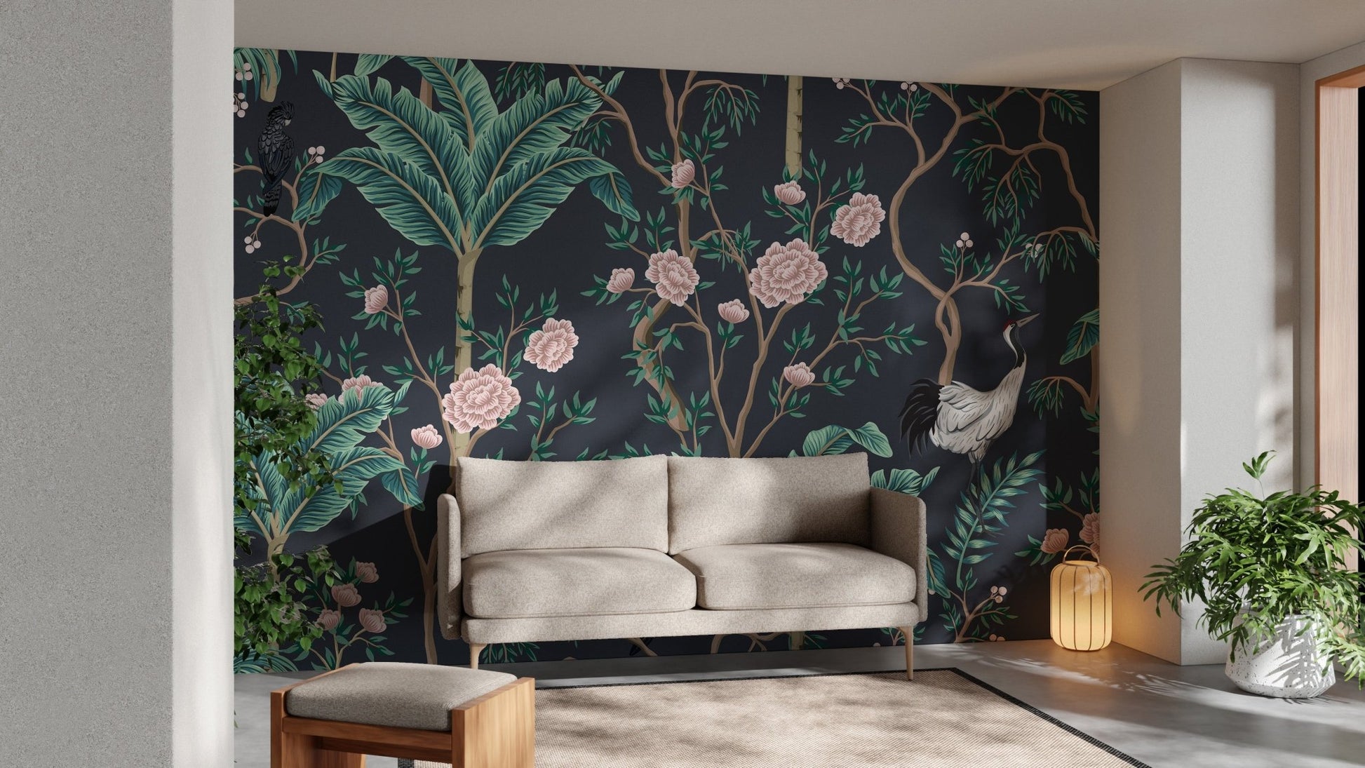 Dark background Green leaves Flower Wall mural behind a grey sofa in a living area.
