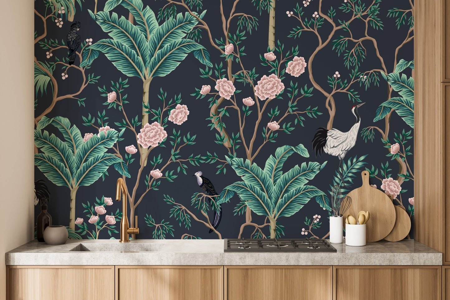Tropical flower wall mural with pink peonies and large palm fronds in a kitchen area.