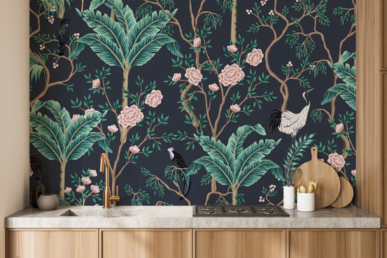 Tropical flower wall mural with pink peonies and large palm fronds in a kitchen area.
