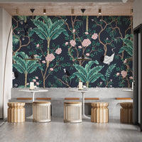 Sophisticated green leaves and flowers wall mural for dining room interiors