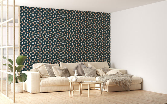 Dark Blue Abstract Pattern Irregular Polka Dots Wallpaper in a living room with a tan sofa