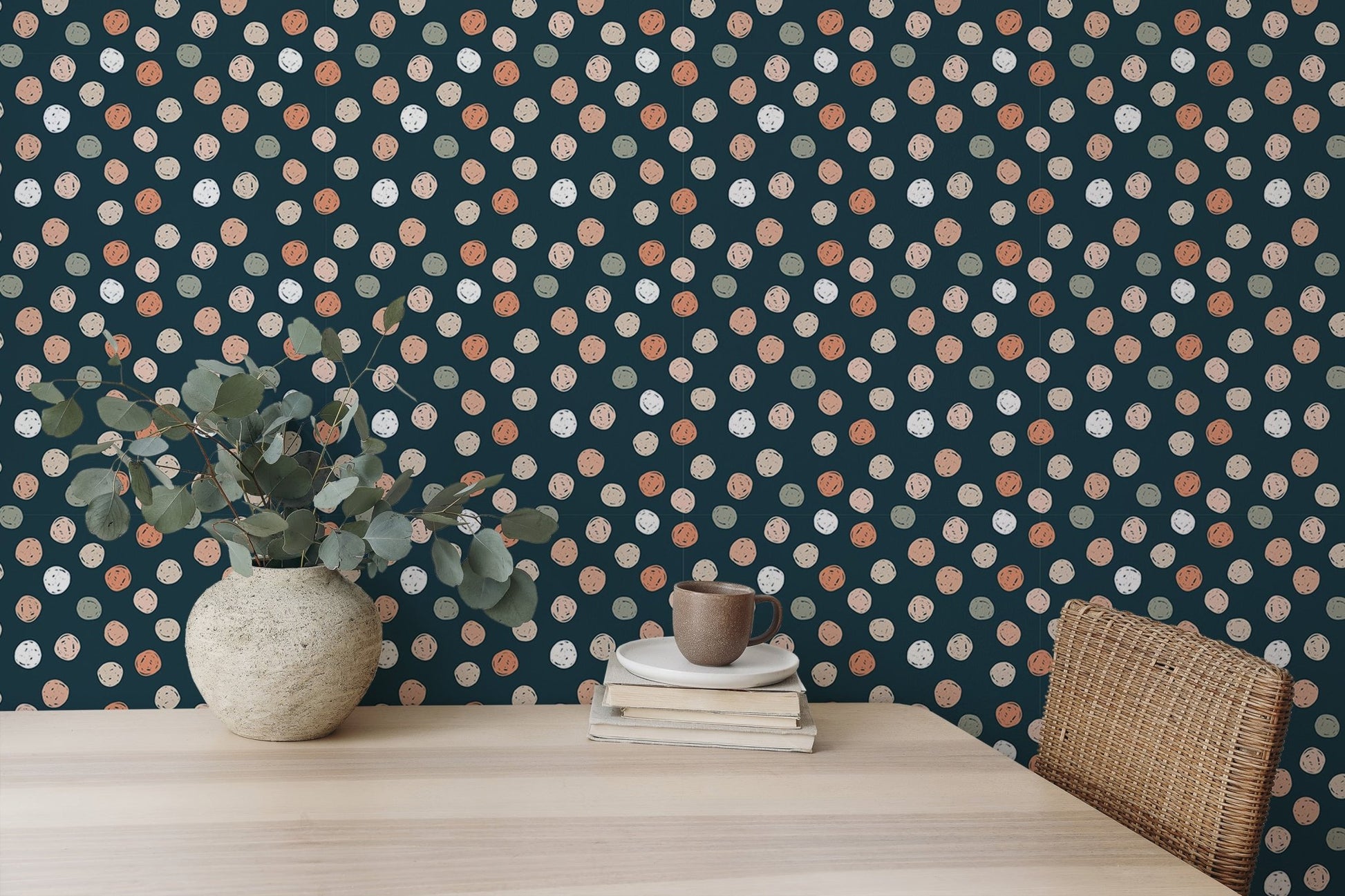 Dark Blue Abstract Pattern Irregular Polka Dots Wallpaper behind a desk with a white vase
