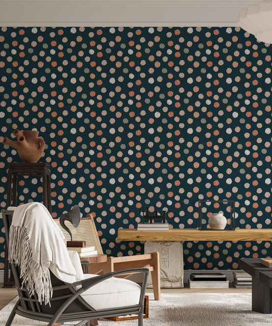 Dark Blue Abstract Pattern Irregular Polka Dots Wallpaper in a living with a rocking chair