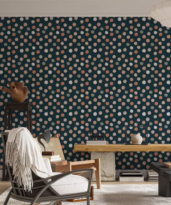 Dark Blue Abstract Pattern Irregular Polka Dots Wallpaper in a living with a rocking chair
