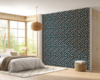 Dark Blue Abstract Pattern Irregular Polka Dots Wallpaper in a bedroom with a large window