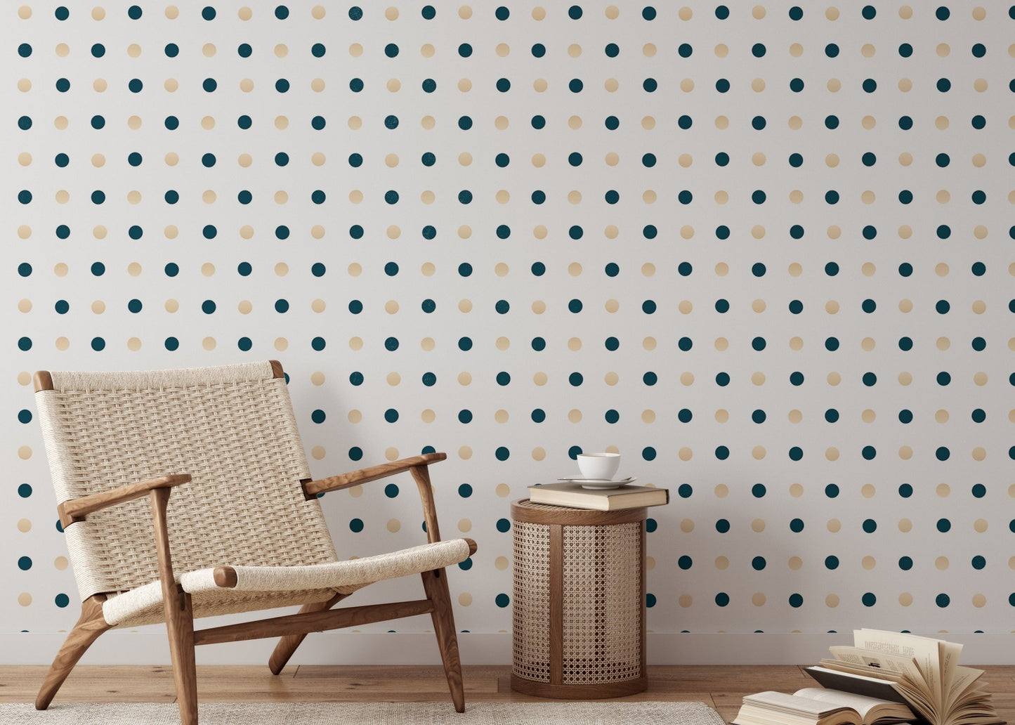 Geometric dot pattern wallpaper in a reading area with a wicker chair.