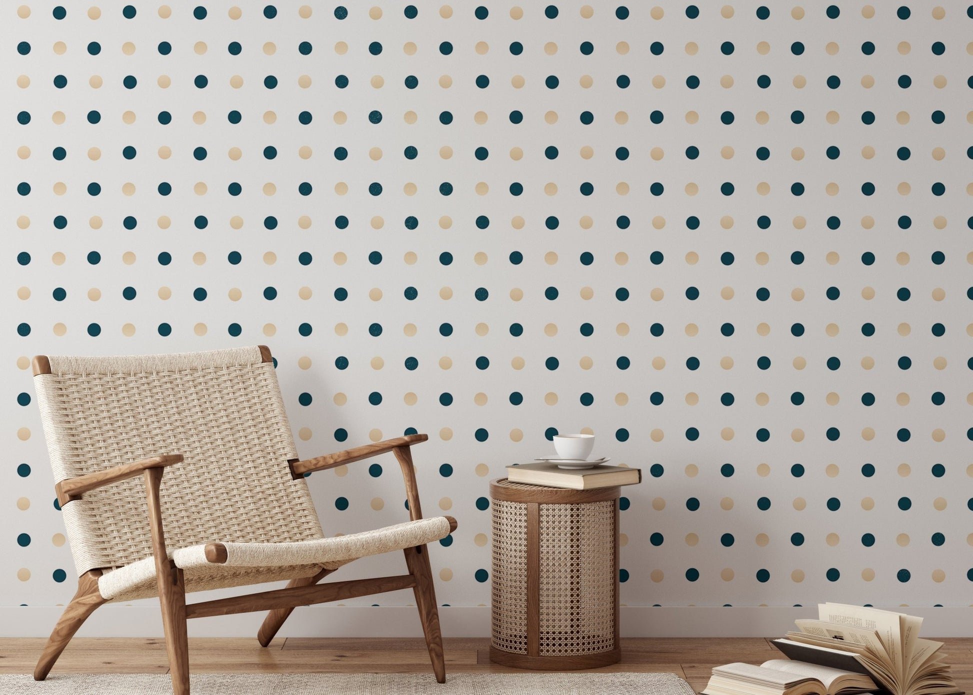 Geometric dot pattern wallpaper in a reading area with a wicker chair.